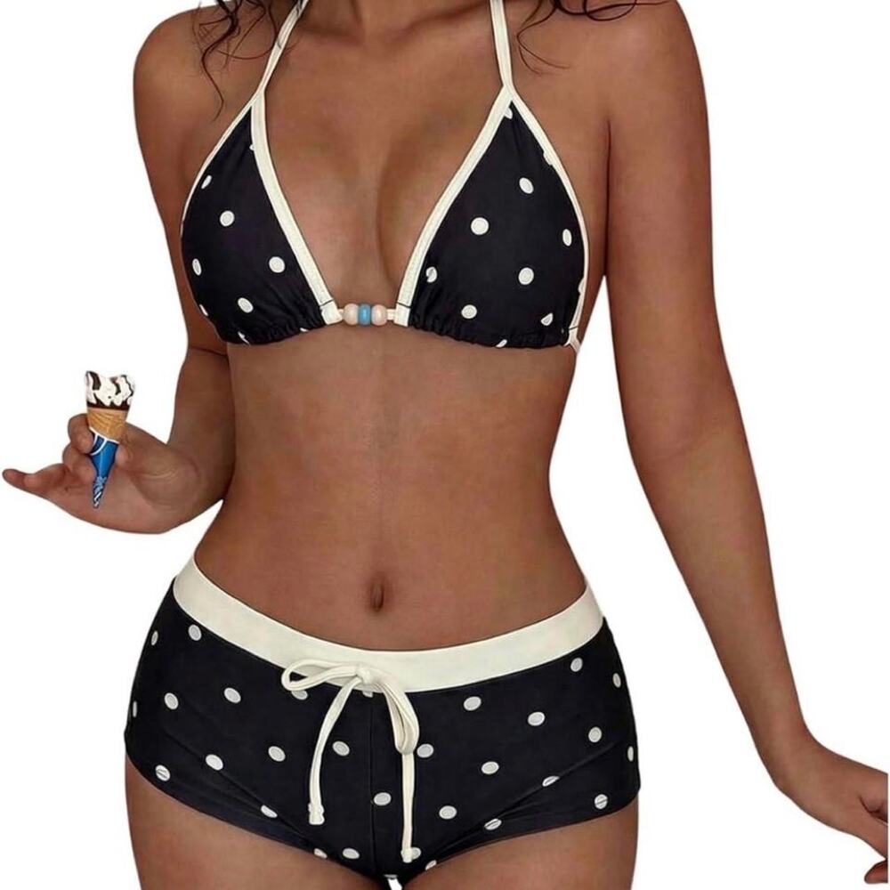 Black with white polka dot bikini short